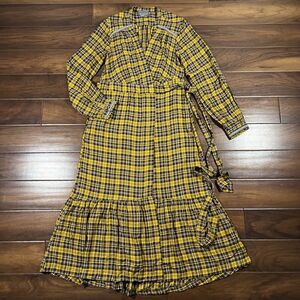 Anthropologie Women's Size Small Yellow Brown Plaid Dalton Wrap‎ Midi Dress